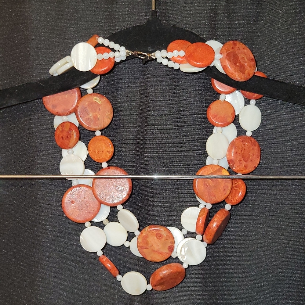 Vintage 3-Strand Coin Coral & Mother of Pearl Necklace 18” – 227g Statement